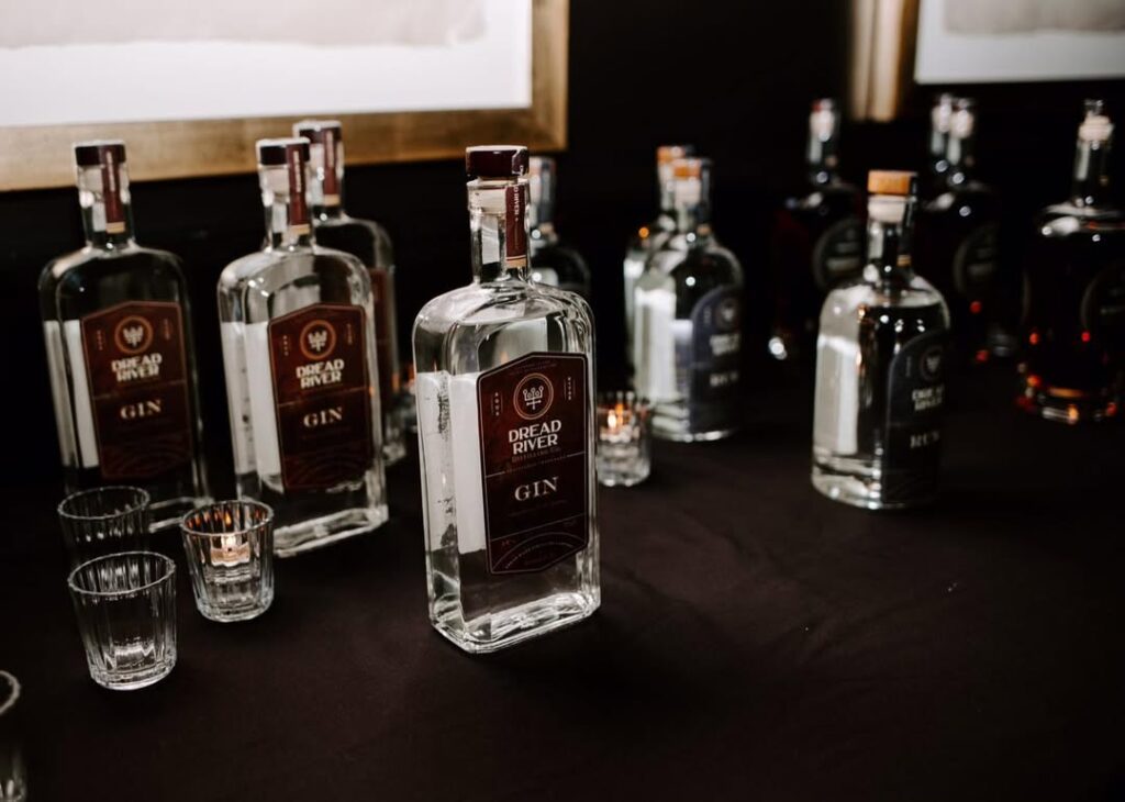 Shot of a collection of Gin bottles from Dread River Distilling Co.
