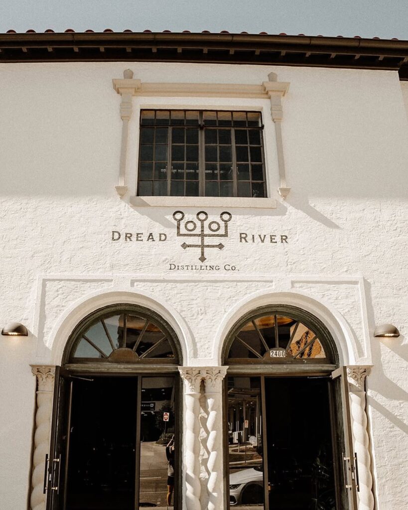 The stunning architecture of the entrance of Dread River Distillery Co.