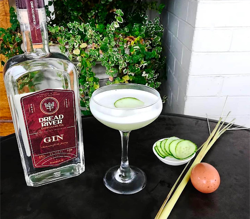 A cocktail made with Dread River Distilling Co. gin, served in a glass.