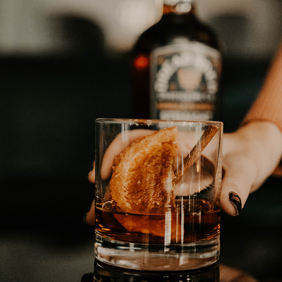 Close-up of a whiskey cocktail made with Dread River Straight Bourbon.