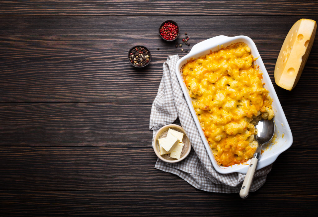 Flatlay shot of a perfectly cooked Mac & Cheese for Thanksgiving dinner.