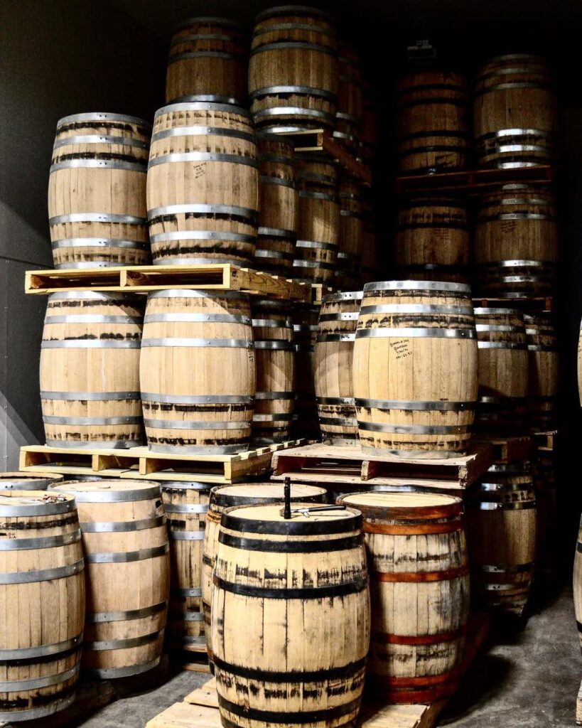 A number of barrels where spirits are aged at Dread River Distillery.
