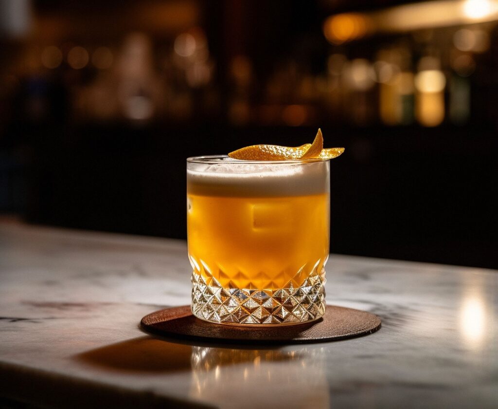 A whiskey sour with foamy top and orange peel garnish at a dimly lit bar, crafted by Dread River.