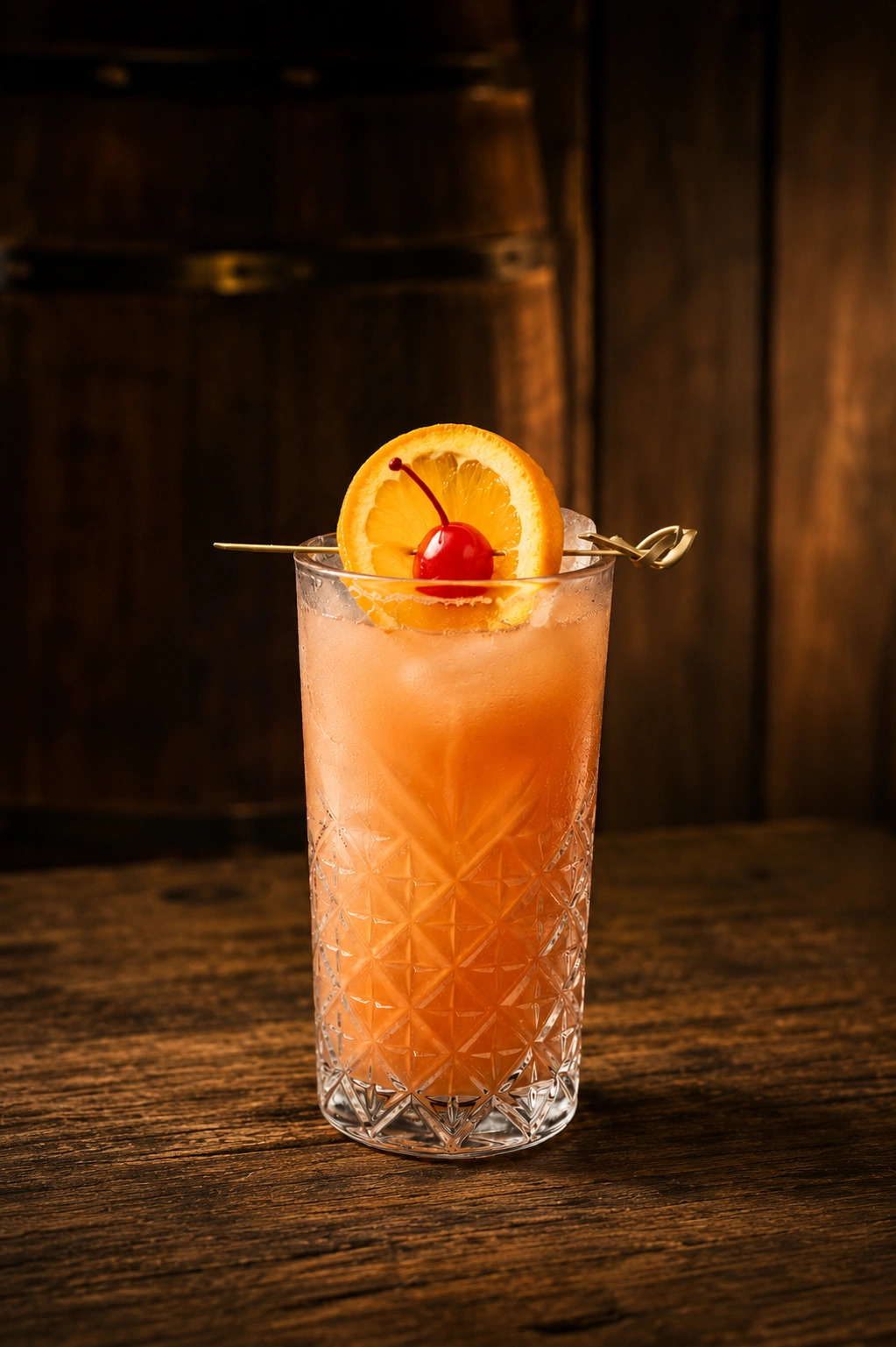 Dread River Alabama Slammer cocktail served on a wooden bar, garnished with an orange wheel and cocktail cherry. The vibrant orange drink showcases the Southern classic with a fresh citrus presentation.