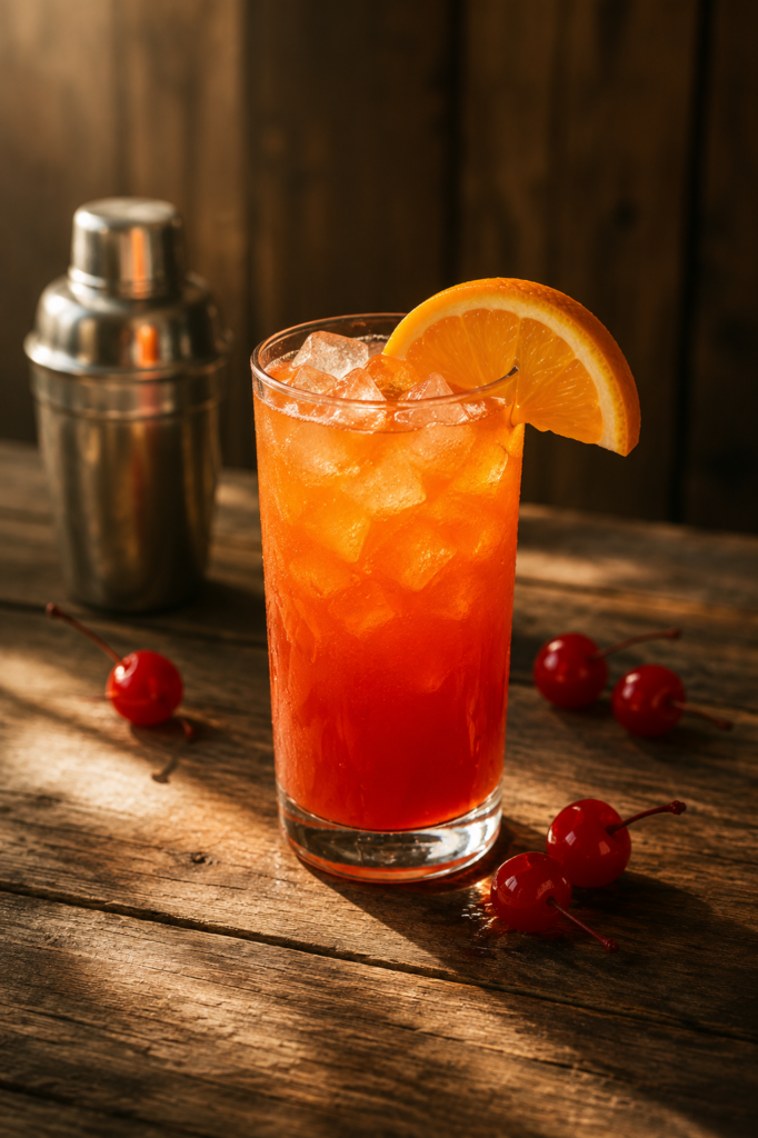 Dread River Alabama Slammer served over crushed ice with an orange slice and cocktail cherry beside a cocktail shaker. Fresh citrus and bar tools highlight the drink's handcrafted preparation.