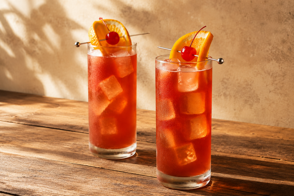 Two Dread River Alabama Slammer cocktails served over ice with orange slices and cocktail cherries on a wooden table. The colorful drinks are presented as refreshing Southern cocktails for sharing.
