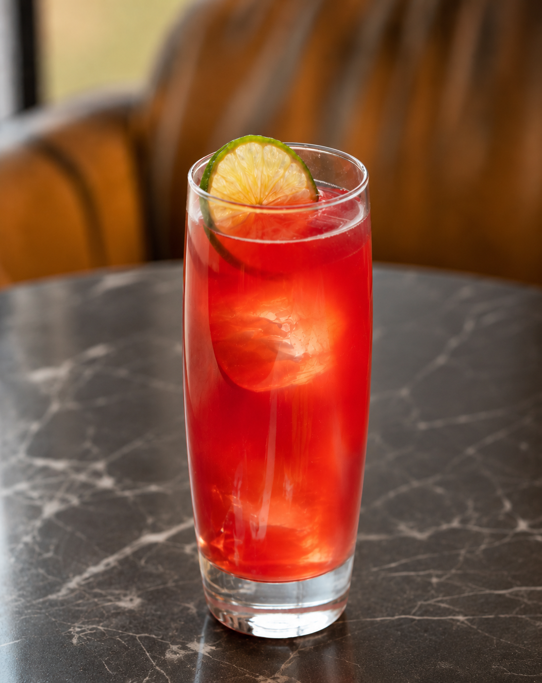 Bright red vodka cocktail with ice and a lime wheel served on a marble tabletop.