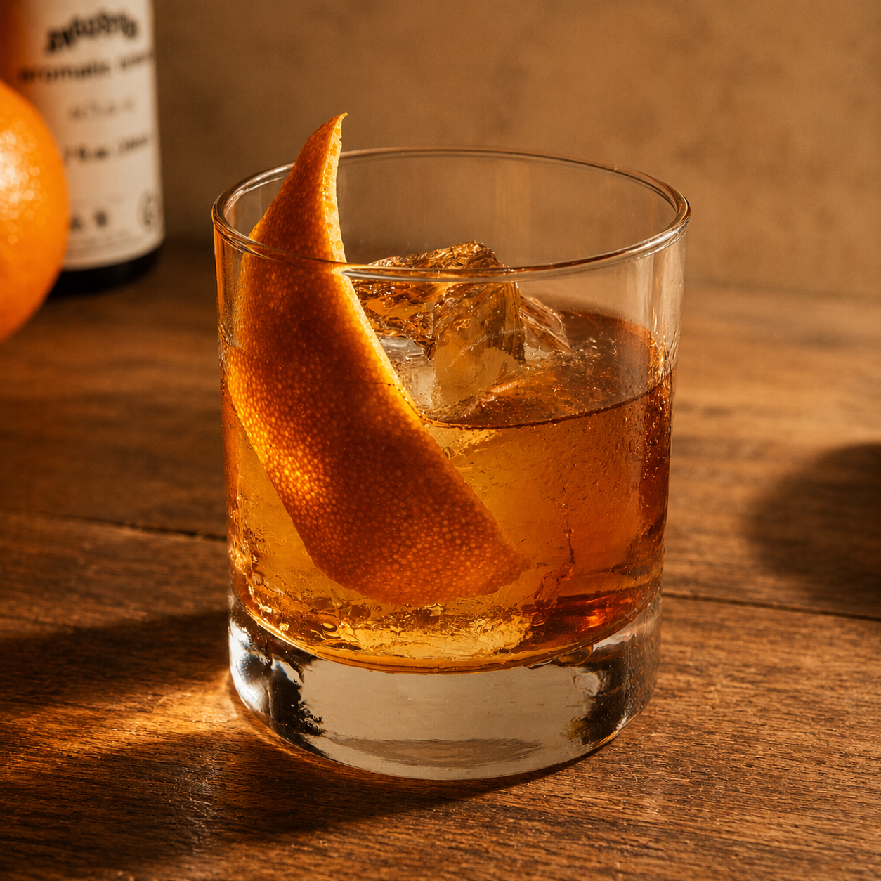 A classic Old Fashioned cocktail served in a rocks glass with a large ice cube, orange peel garnish, and rich amber bourbon.