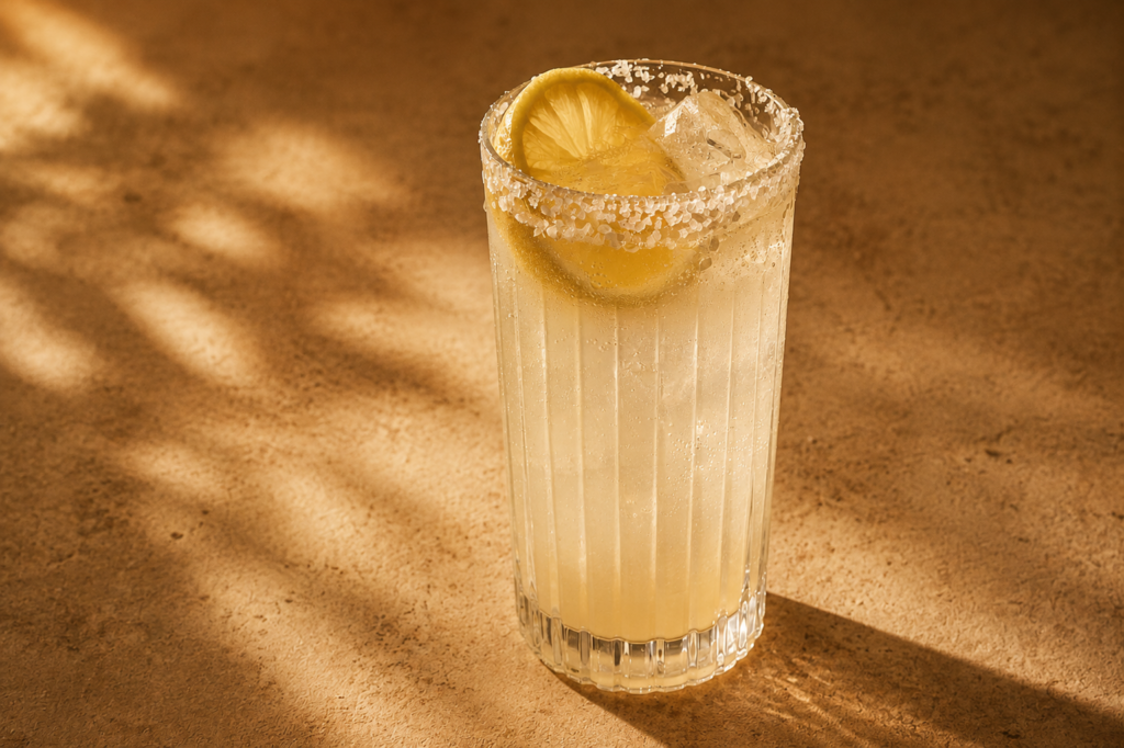 A Chilton cocktail made with Dread River vodka in a fluted glass with a salted rim and lemon slice.